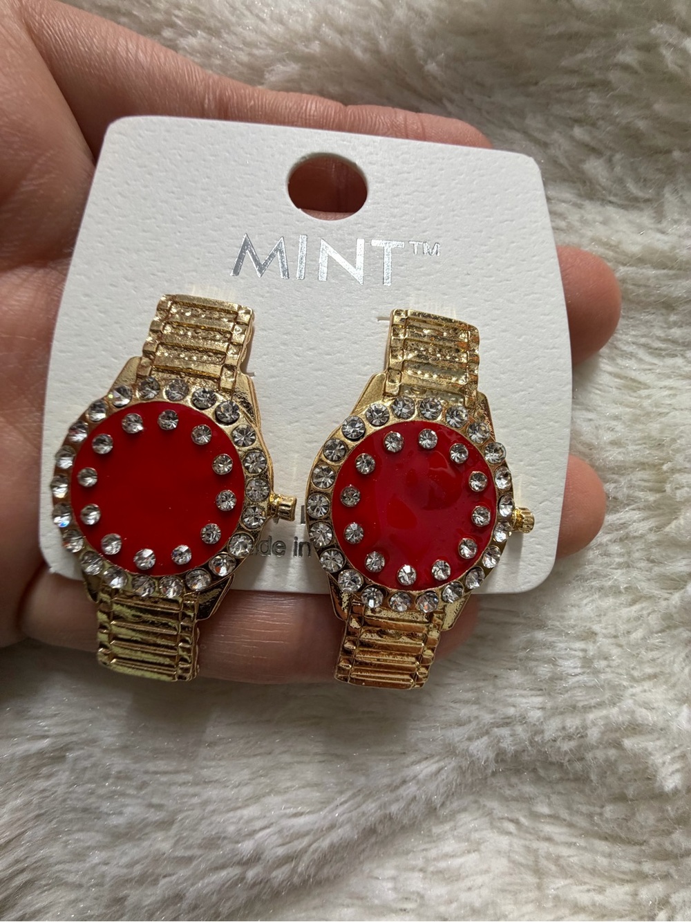 Mint Gold-Tone Earrings with Red Crystal Centers
